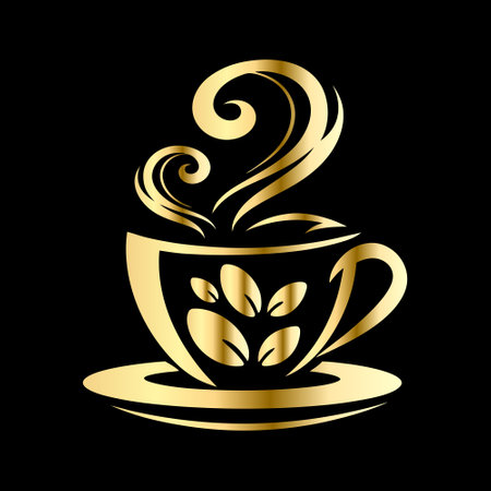 Golden cup of coffee with leaves on black background. Vector illustration.のイラスト素材