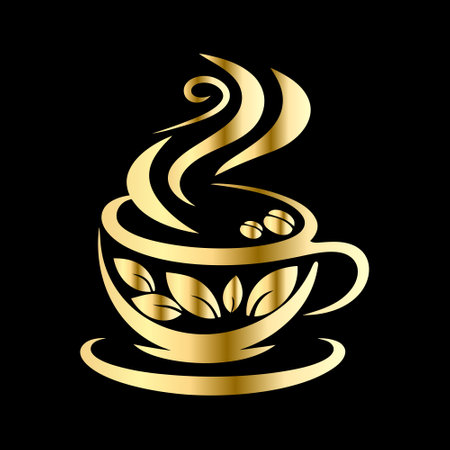 Cup of coffee with leaves on a black background. Vector illustration.のイラスト素材