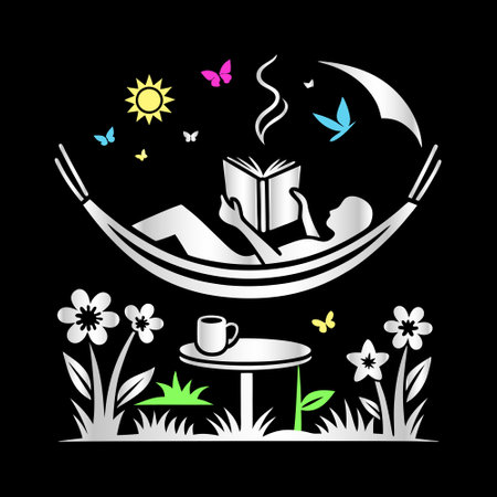 Relaxing in hammock with book and coffee. Vector illustration.のイラスト素材