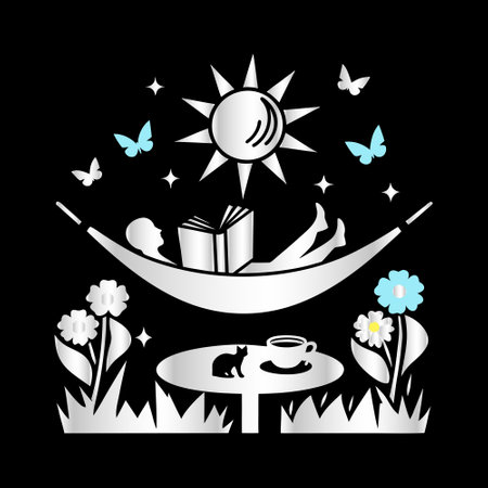 Illustration of a book with a sun, flowers and a butterflyのイラスト素材