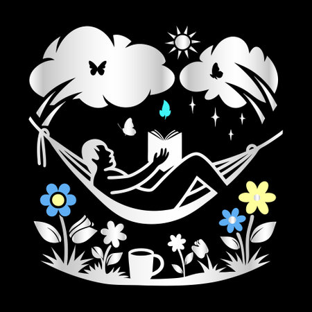 Woman reading a book in a hammock with flowers on a black backgroundのイラスト素材