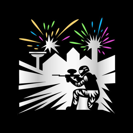 Paintball player with paintball gun. Vector illustration on black background.のイラスト素材