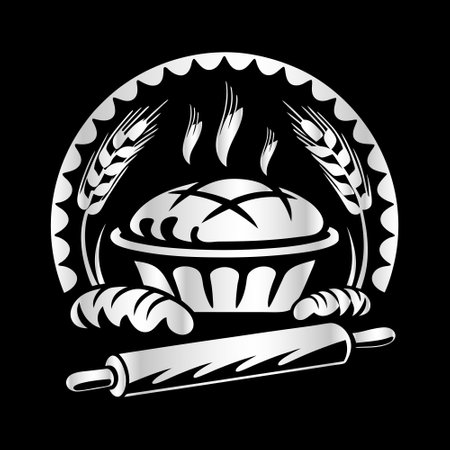 Bread and rolling pin on black background. Bakery symbol.のイラスト素材