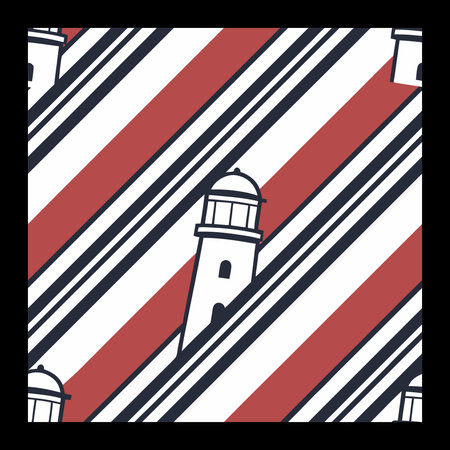 Seamless pattern with lighthouse on striped background. Vector illustration.のイラスト素材