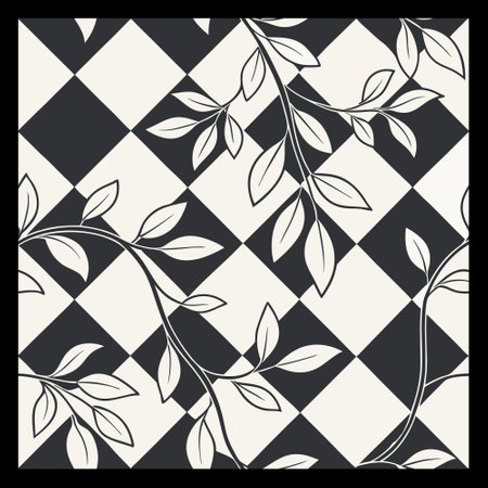 Abstract floral pattern on a black and white checkered background.のイラスト素材