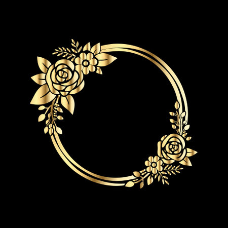 Gold frame with flowers and leaves on black background. Vector illustration.のイラスト素材