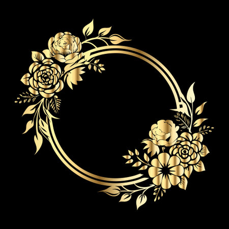 Gold floral frame on black background. Vector illustration for your design.のイラスト素材