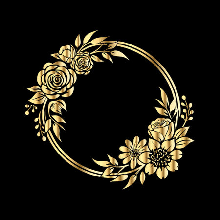 Gold floral frame on black background. Vector illustration for wedding invitations, greeting cards.のイラスト素材
