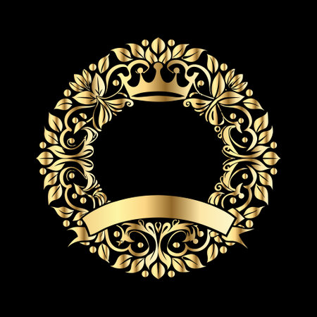 Luxury golden laurel wreath with ribbon on black backgroundのイラスト素材