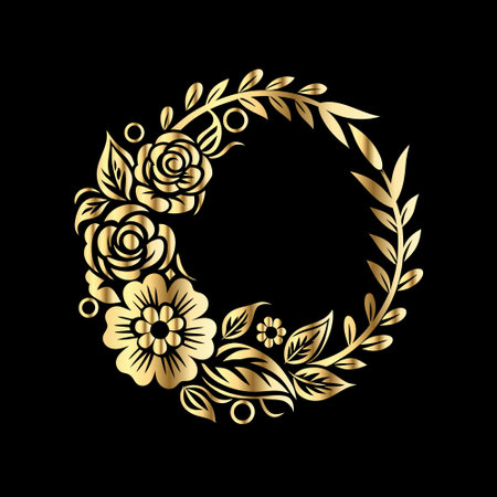 Golden laurel wreath isolated on black background. Vector illustration.のイラスト素材