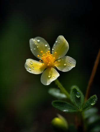 Small yellow flower with raindrops on a dark background. Macro.の素材