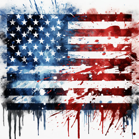 American flag painted with ink splashes on a grunge background.の素材