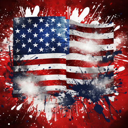 American flag with grunge splashes and blots on red backgroundの素材