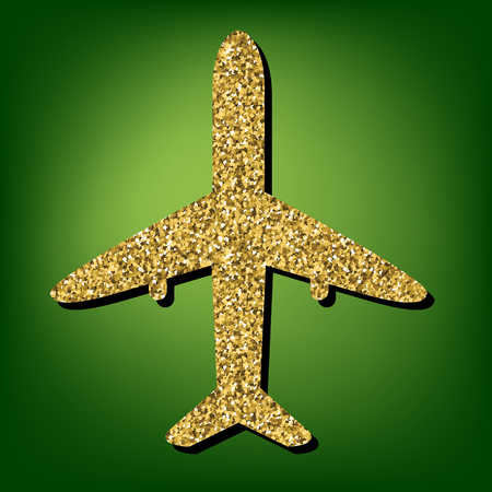 Airplane sign illustration. Golden shiny texture on the green backgroundのイラスト素材