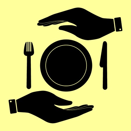 Fork, plate and knife. Save or protect symbol by hands.のイラスト素材