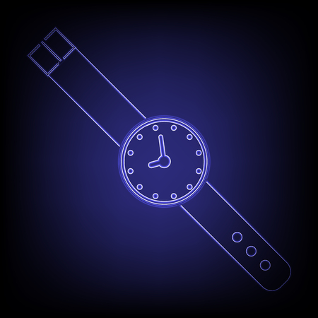Watch icon. Shiny neon effecr on black backgroundのイラスト素材