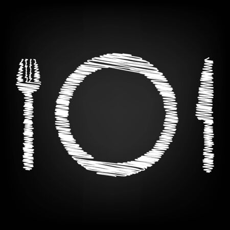 Fork, plate and knife vector illustration. Cutlery  with chalk effectのイラスト素材