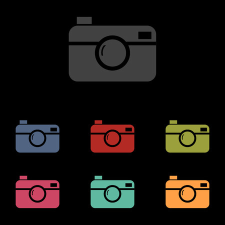 Digital photo camera icon set on black background. Vector illustrationのイラスト素材