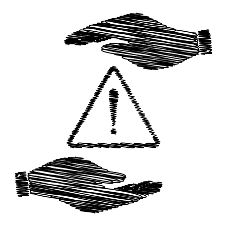 Exclamation danger sign. Save or protect symbol by hands with scribble effect.のイラスト素材