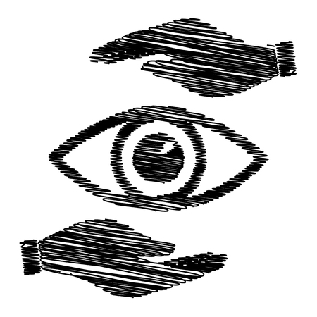 Eye sign. Save or protect symbol by hands with scribble effect.のイラスト素材