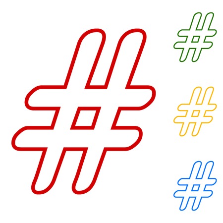 Hashtag sign. Set of line icons. Red, green, yellow and blue on white background.のイラスト素材