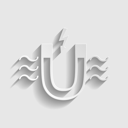 Icon of magnet with magnetic force indication. Paper style icon with shadow on gray.のイラスト素材