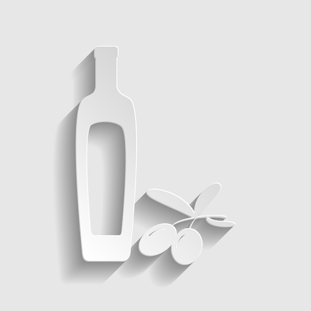 Black olives branch with olive oil bottle sign. Paper style icon with shadow on gray.のイラスト素材