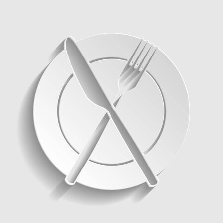 Fork and Knife sign. Paper style icon with shadow on gray.のイラスト素材