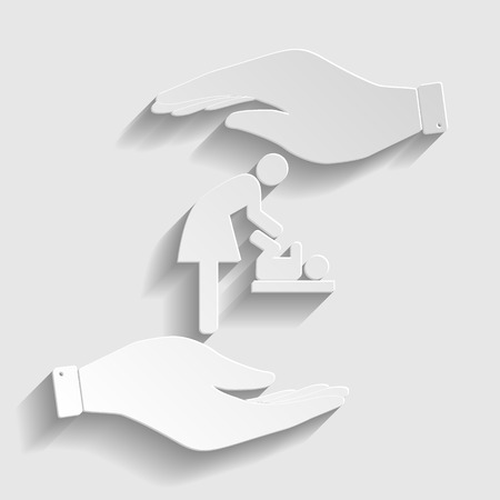 Symbol for women and baby, baby changing.  Save or protect symbol by hands. Paper style icon with shadow on gray.のイラスト素材