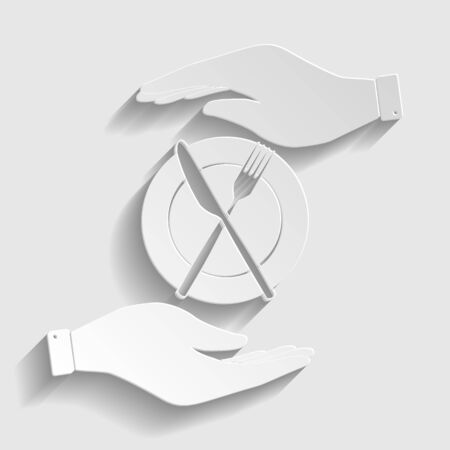 Fork and Knife sign. Save or protect symbol by hands. Paper style icon with shadow on gray.のイラスト素材