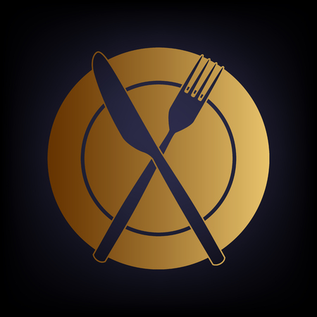 Fork and Knife sign. Golden style icon on dark blue background.のイラスト素材