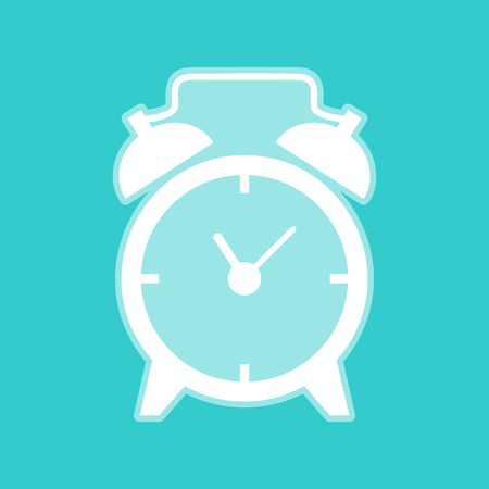 Alarm clock sign. White icon with whitish background on torquoise flat color.のイラスト素材
