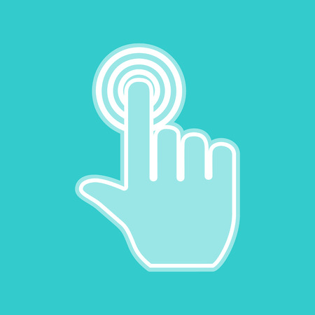 Hand click on button. White icon with whitish background on torquoise flat color.のイラスト素材