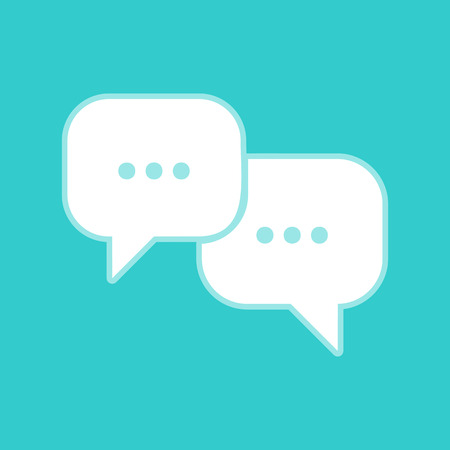 Speech bubbles sign. White icon with whitish background on torquoise flat color.のイラスト素材