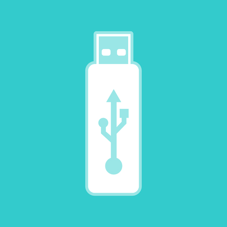 Vector USB flash drive sign. White icon with whitish background on torquoise flat color.