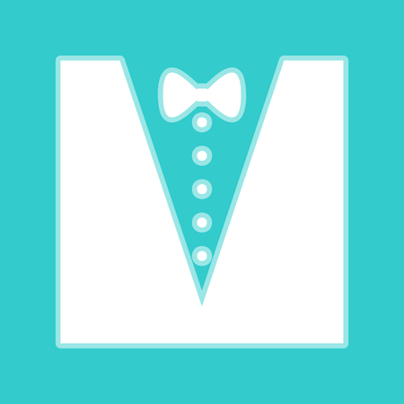 Tuxedo with bow silhouette. White icon with whitish background on torquoise flat color.のイラスト素材