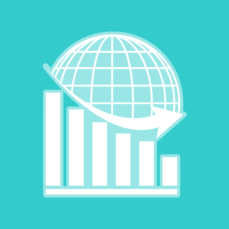 Declining graph with earth. White icon with whitish background on torquoise flat color.のイラスト素材