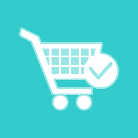 Shopping Cart and Check Mark Icon. White icon with whitish background on torquoise flat color.のイラスト素材