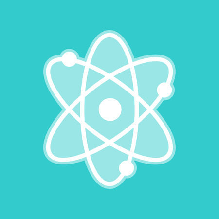 Atom sign. White icon with whitish background on torquoise flat color.