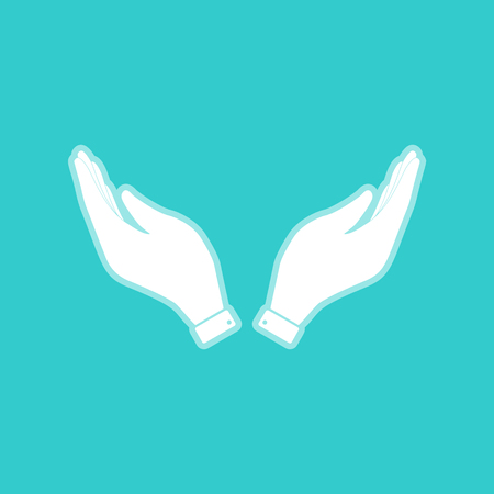 Hand icon. Prayer symbol. White icon with whitish background on torquoise flat color.のイラスト素材
