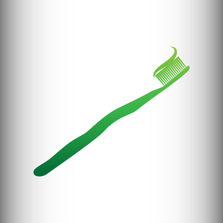 Toothbrush with applied toothpaste portion. Green gradient icon on gray gradient backround.のイラスト素材