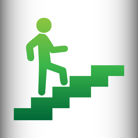 Man on Stairs going up. Green gradient icon on gray gradient backround.のイラスト素材