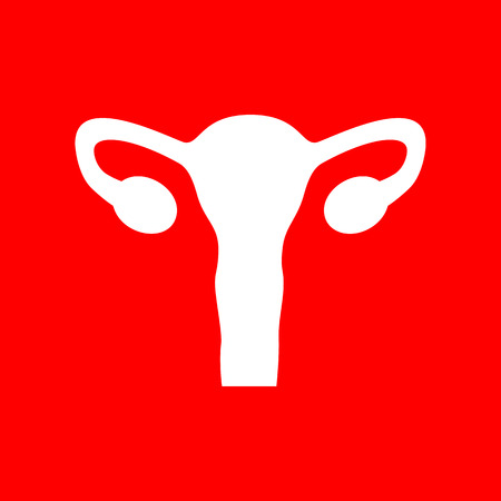 Human Body Anatomy Uterus sign. White icon on red background.