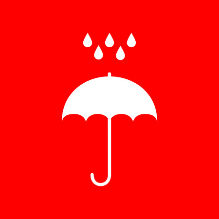 Umbrella with water drops. Rain protection symbol. Flat design style. White icon on red background.のイラスト素材
