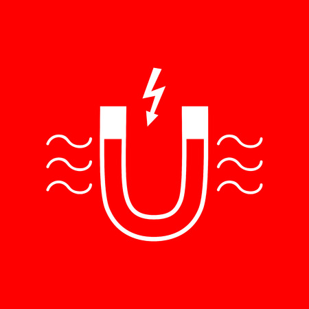 Magnet with magnetic force indication. White icon on red background.のイラスト素材