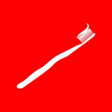Toothbrush with applied toothpaste portion. White icon on red background.のイラスト素材
