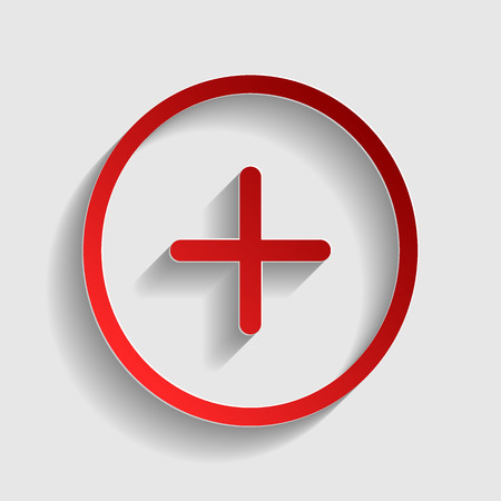 Positive symbol plus sign. Red paper style icon with shadow on gray.のイラスト素材