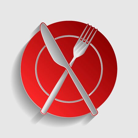 Fork, tape and Knife sign. Red paper style icon with shadow on gray.のイラスト素材