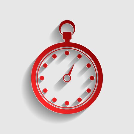 Stopwatch sign illustration. Red paper style icon with shadow on gray.のイラスト素材