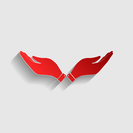 Hand sign illustration. Red paper style icon with shadow on gray.のイラスト素材